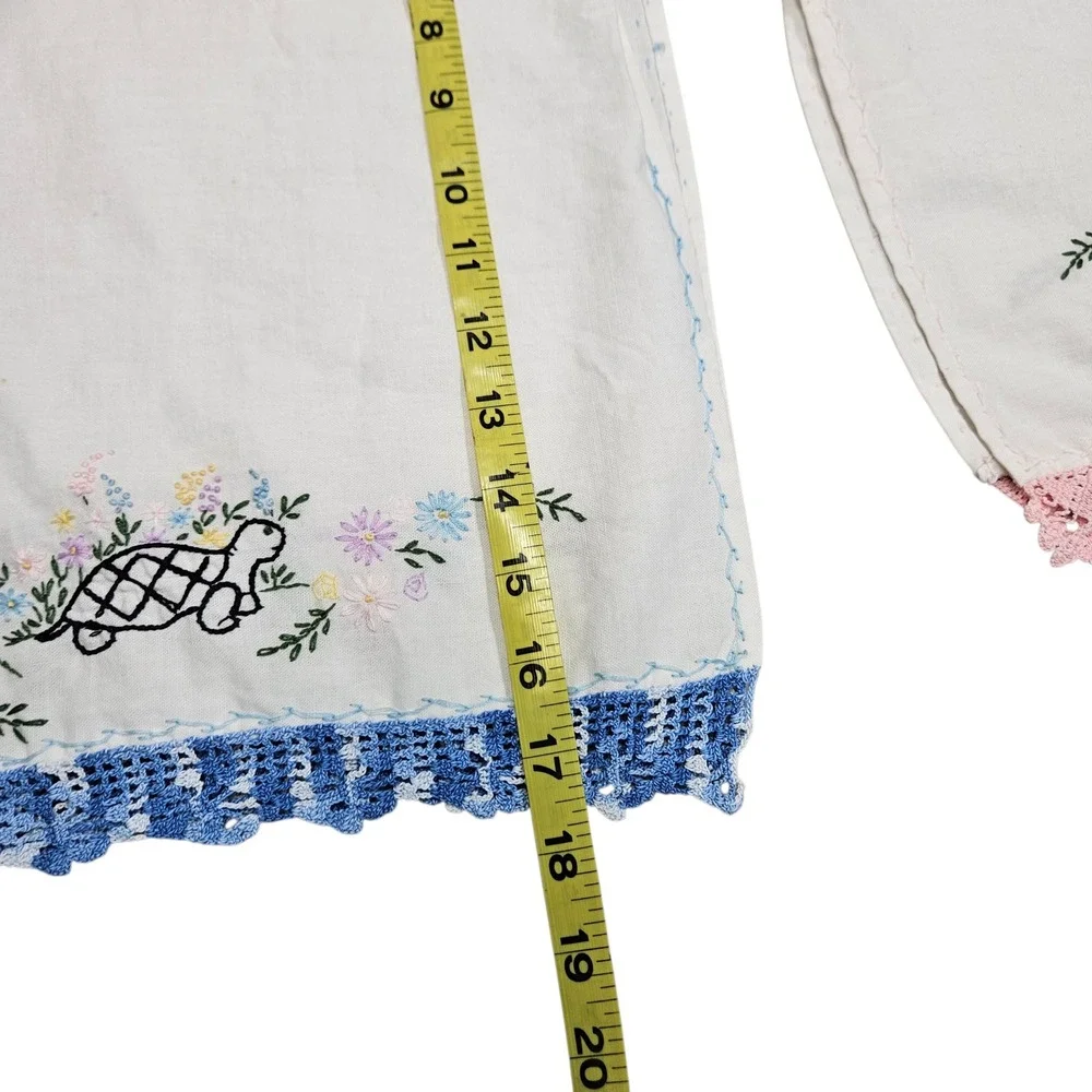 Embroidered Cotton Hand Towels Set of 2 Turtle Humpty Dumpty Pink Blue Lace Trim